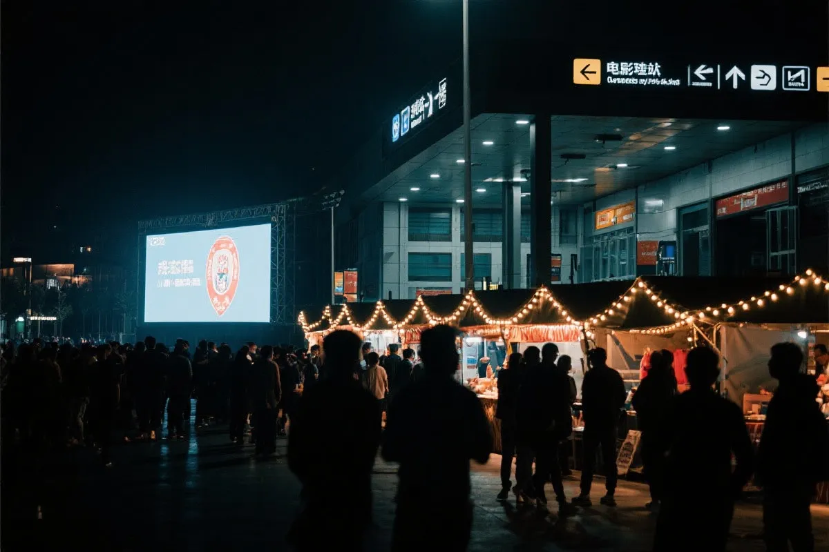 费城球迷广场夜景：大屏观赛人群、步行指示牌与公共交通入口